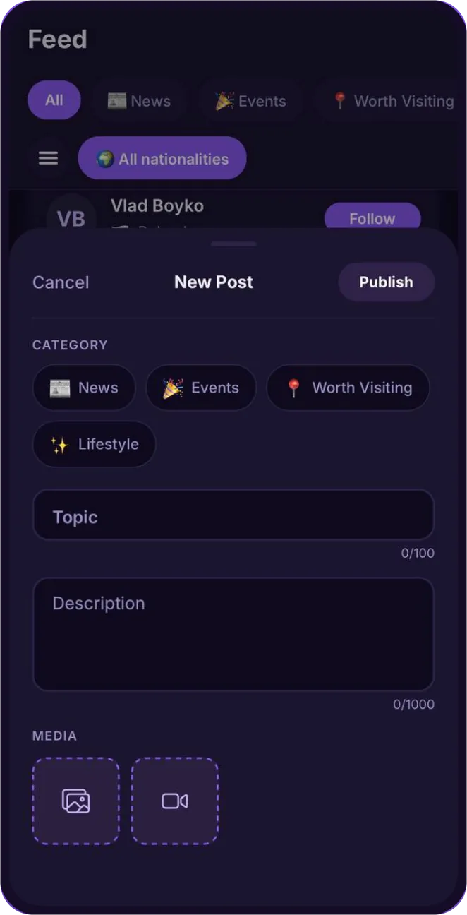 The yOdin new-post sheet, with category chips, a topic field and media buttons