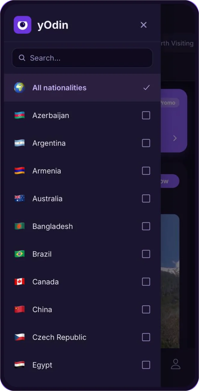 The yOdin nationality filter open over the feed, with a searchable list of countries
